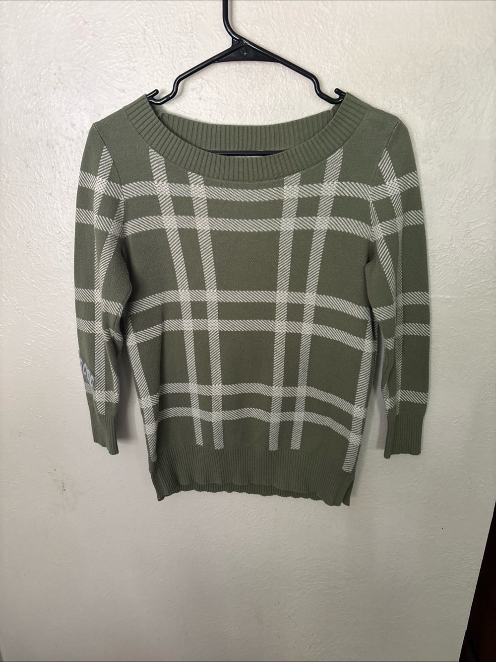LOFT Olive Green & White Plaid Crewneck Sweater